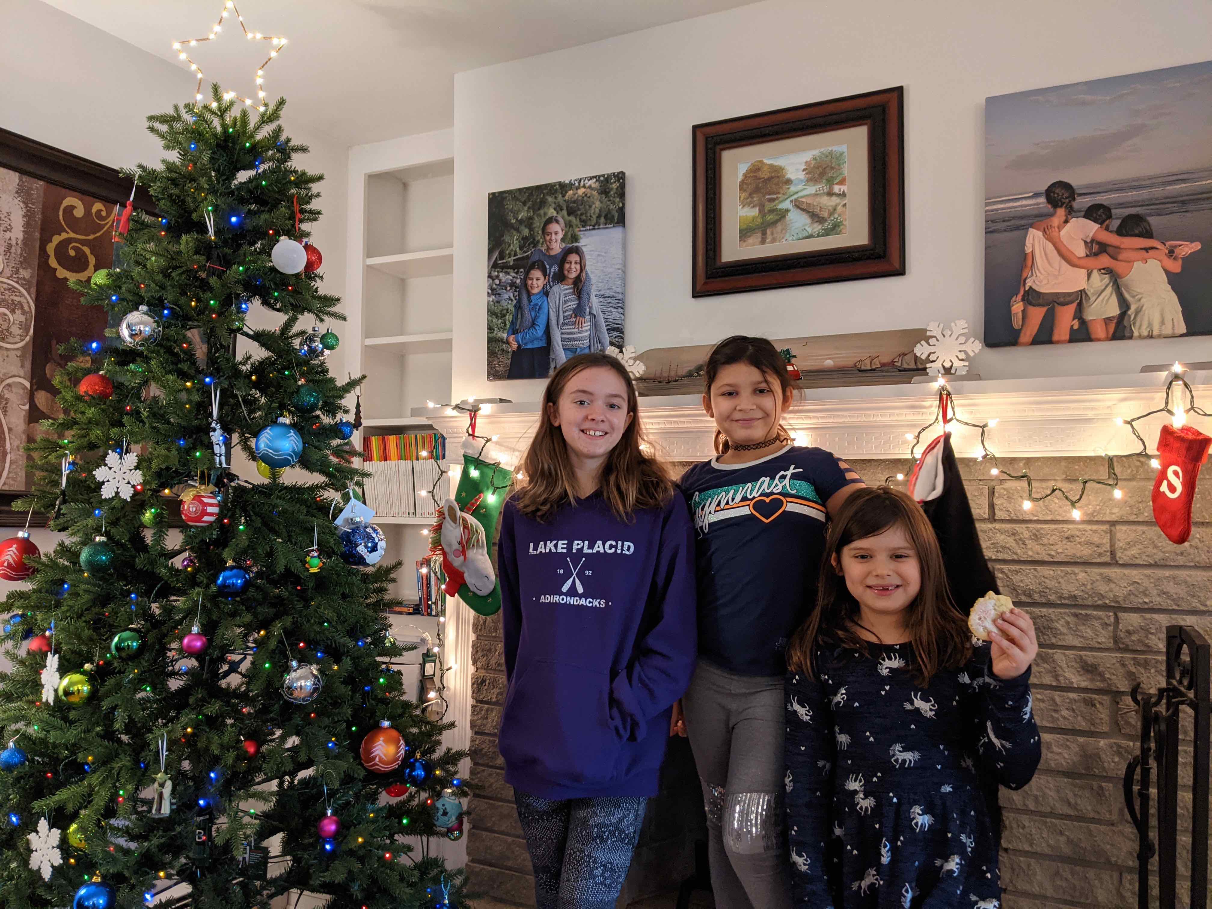 The girls in front of our mantle.